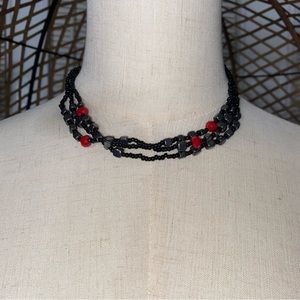 Exquisite Three Strand  Black/Red Beaded Necklace
